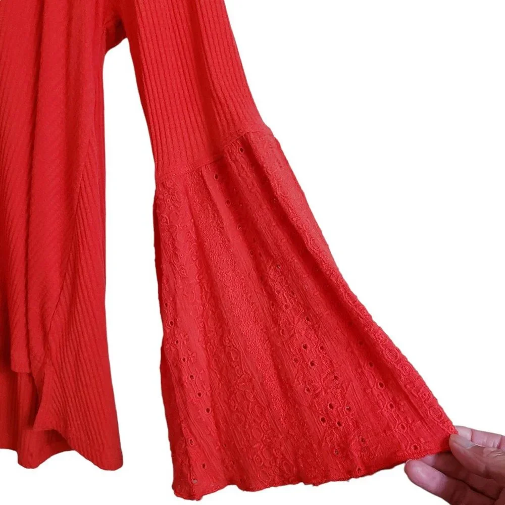 Free People Womens M Top Red Flared Sleeve Eyelet Embroidered V-Neck Blouse - Picture 5 of 12